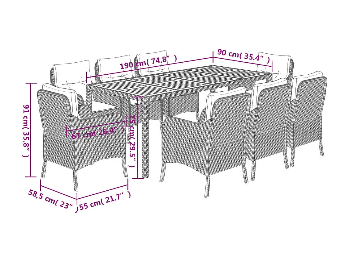 Set de comedor de jardín 9 pzas y cojines ratán sintético negro