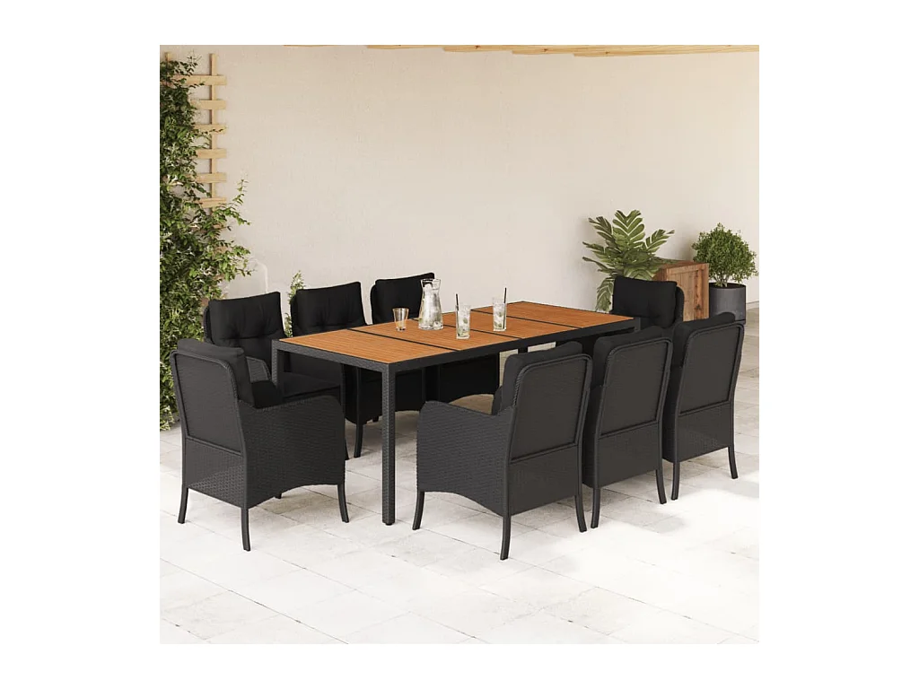 Set da Pranzo da Giardino 9 pz con Cuscini Nero in Polyrattan