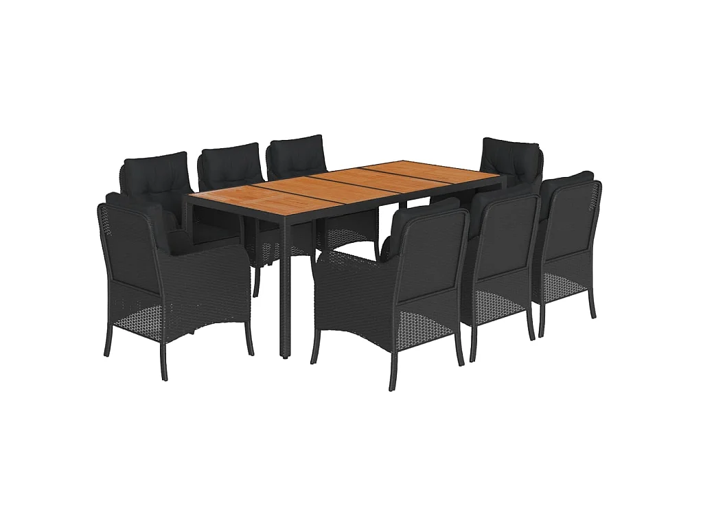 Set da Pranzo da Giardino 9 pz con Cuscini Nero in Polyrattan