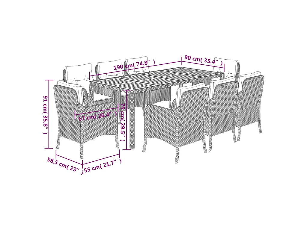 9 pcs conjunto de jantar p/ jardim c/ almofadões vime PE preto