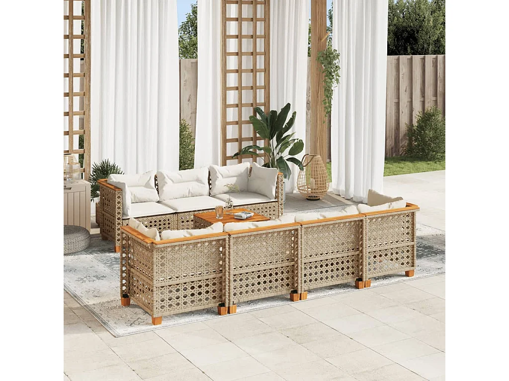 Salon de jardin avec coussins 8 pcs beige résine tressée