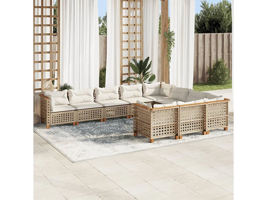 Set Divano da Giardino 10 pz con Cuscini Beige in Polyrattan