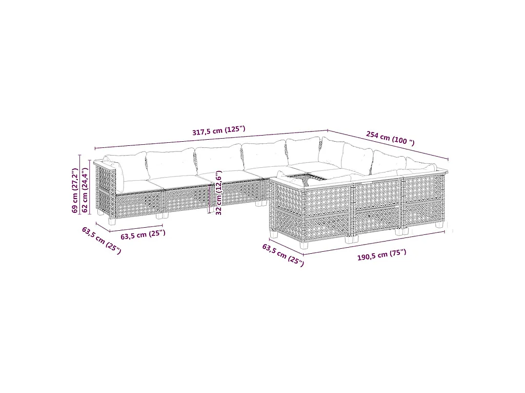 Set Divano da Giardino 10 pz con Cuscini Beige in Polyrattan