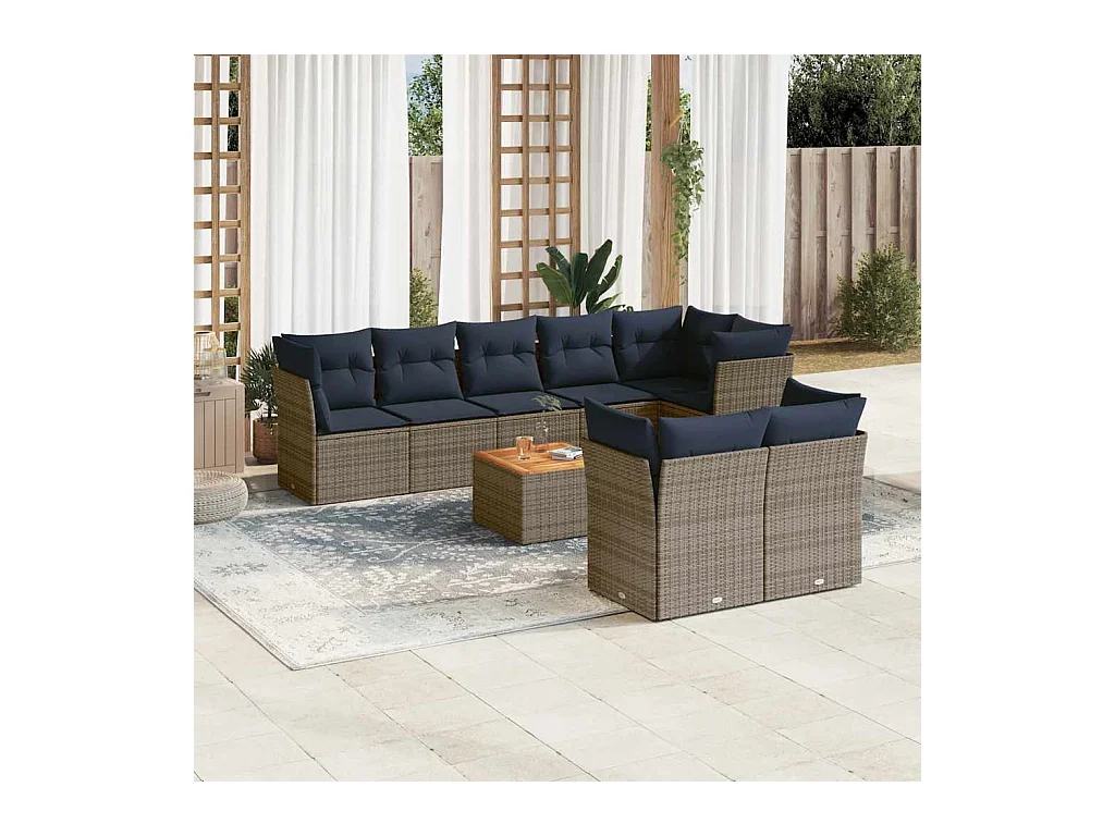 Salon de jardin 9 pcs avec coussins gris résine tressée