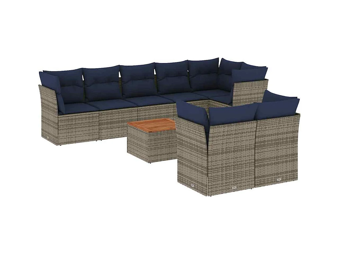 Salon de jardin 9 pcs avec coussins gris résine tressée