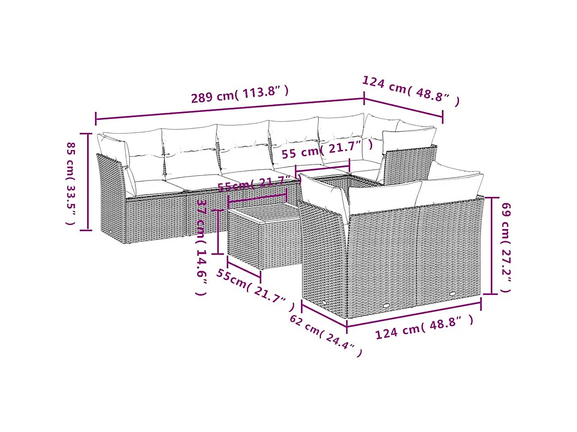 Salon de jardin 9 pcs avec coussins gris résine tressée