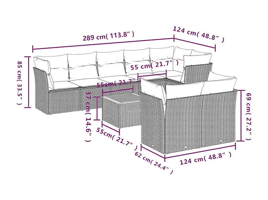 Salon de jardin 9 pcs avec coussins gris résine tressée