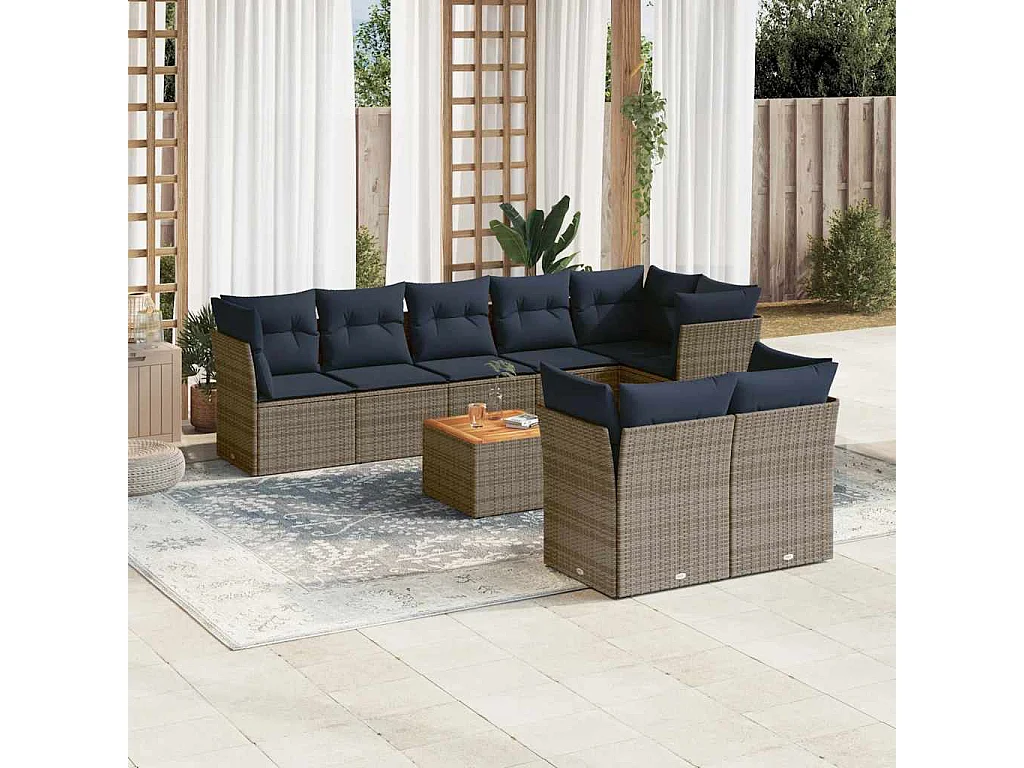 Salon de jardin 9 pcs avec coussins gris résine tressée