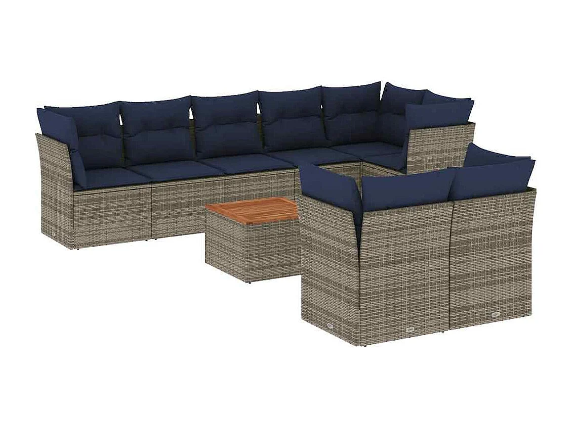 Salon de jardin 9 pcs avec coussins gris résine tressée