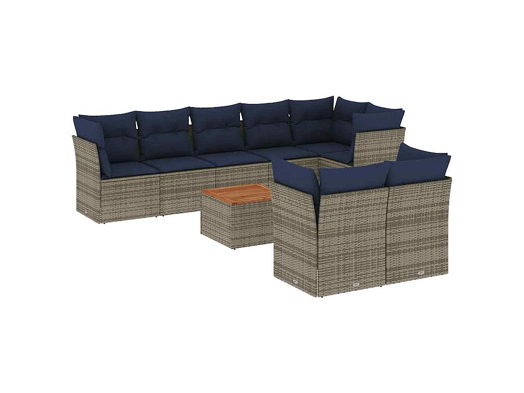9-tlg. Garten-Sofagarnitur mit Kissen Grau Poly Rattan