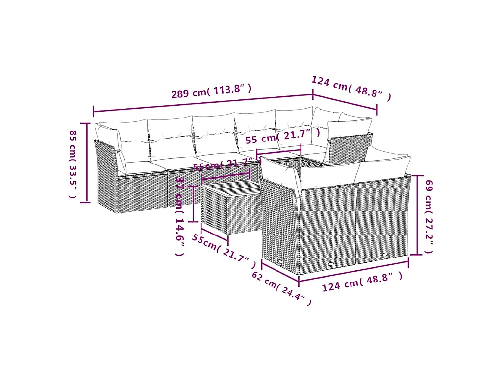 9-tlg. Garten-Sofagarnitur mit Kissen Grau Poly Rattan