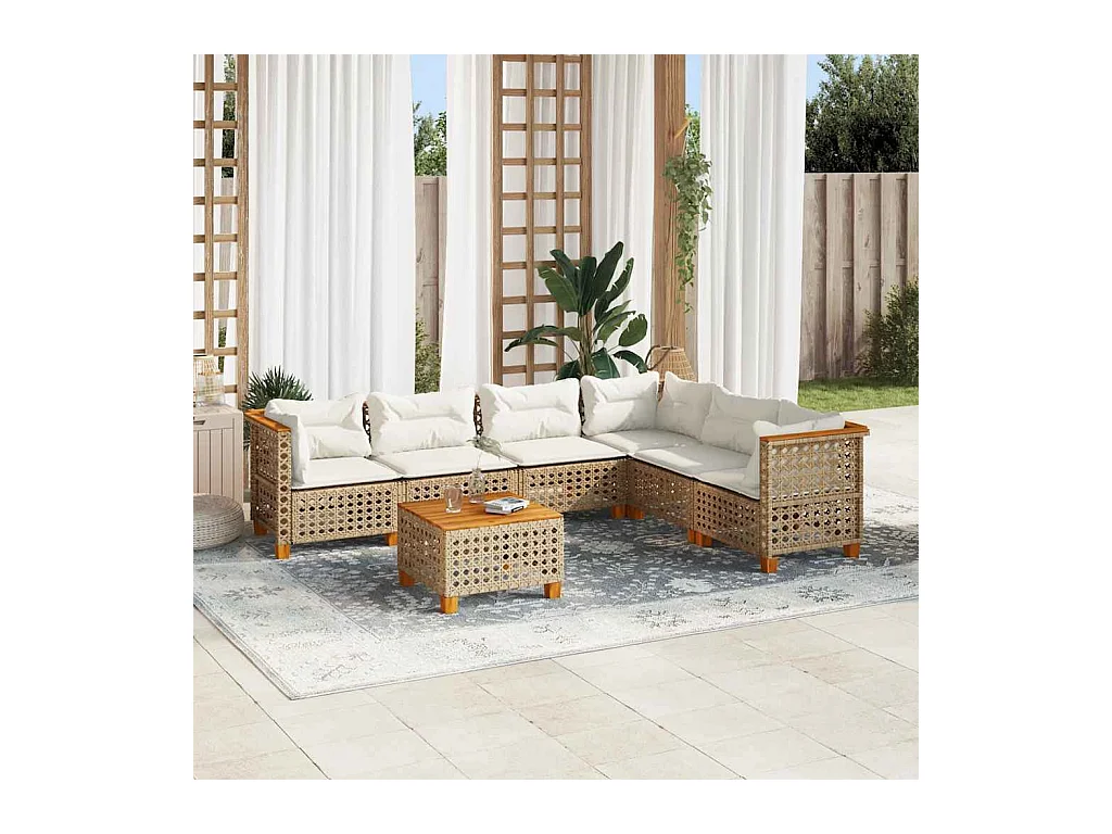 Salon de jardin avec coussins 7 pcs beige résine tressée