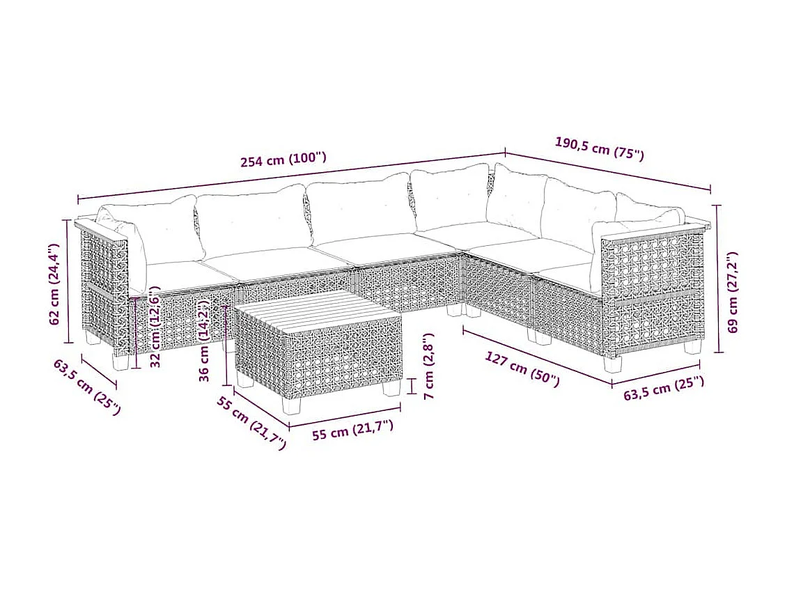 Salon de jardin avec coussins 7 pcs beige résine tressée