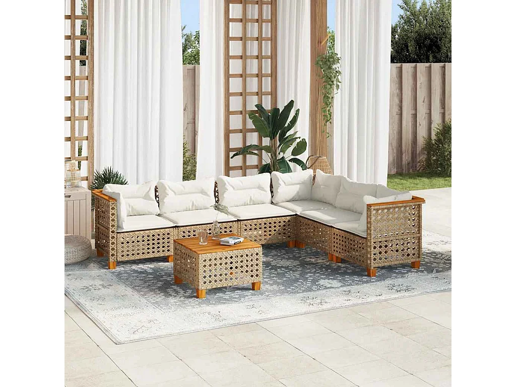 Salon de jardin avec coussins 7 pcs beige résine tressée