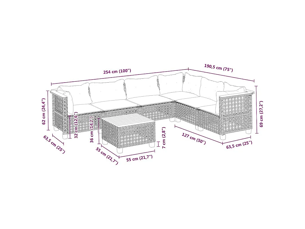 Salon de jardin avec coussins 7 pcs beige résine tressée