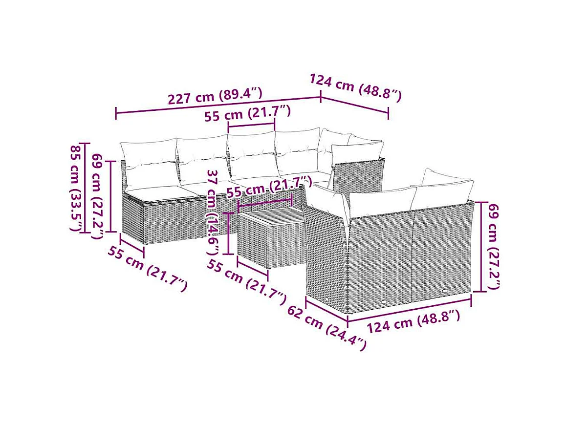 Salon de jardin 8 pcs avec coussins gris résine tressée