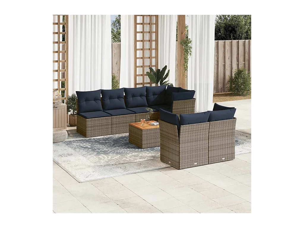 8 pcs conjunto sofás p/ jardim c/ almofadões vime PE cinzento