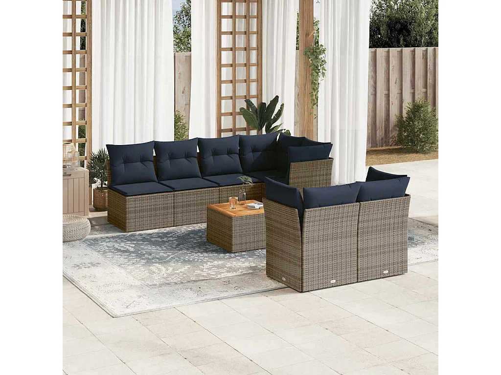 Salon de jardin 8 pcs avec coussins gris résine tressée