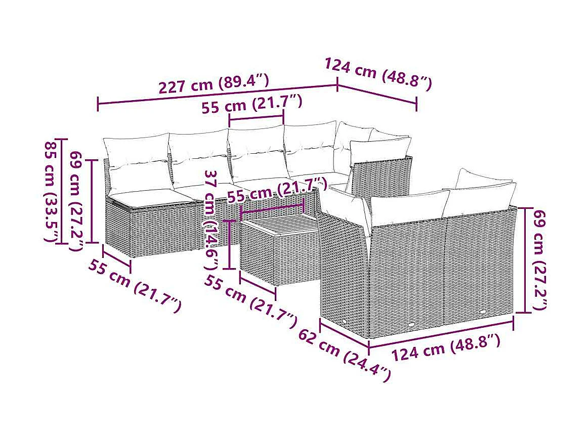 Salon de jardin 8 pcs avec coussins gris résine tressée