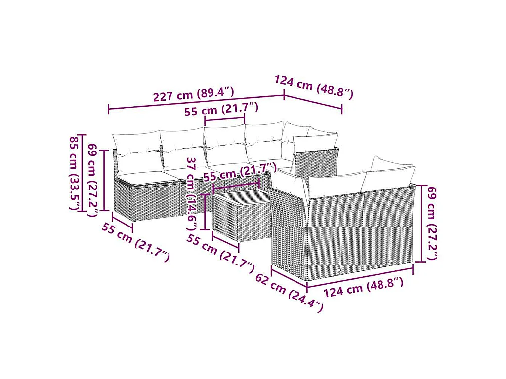 8-tlg. Garten-Sofagarnitur mit Kissen Grau Poly Rattan