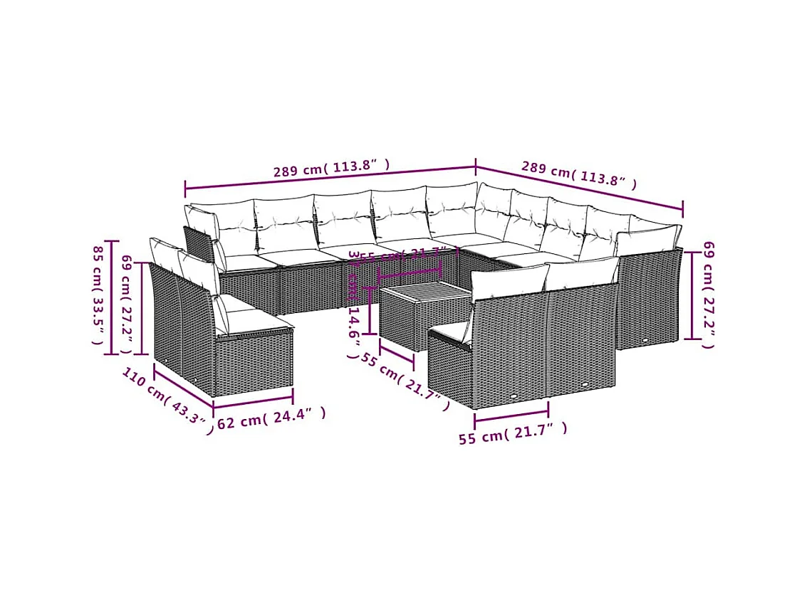 14-tlg. Garten-Sofagarnitur mit Kissen Grau Poly Rattan