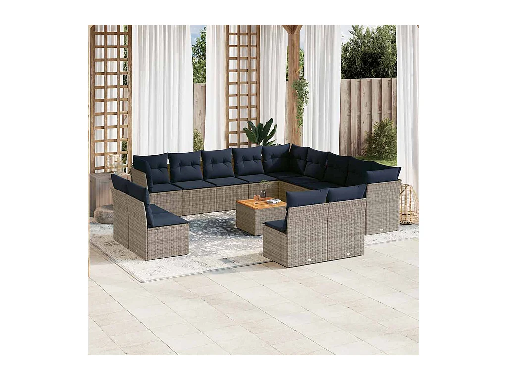 Salon de jardin avec coussins 14 pcs gris résine tressée