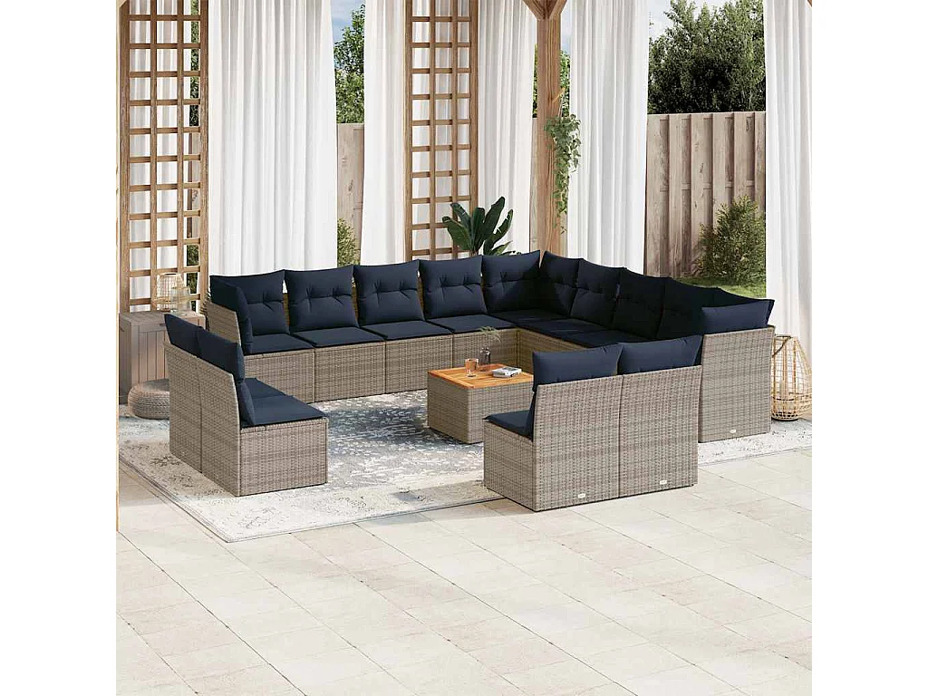 Salon de jardin avec coussins 14 pcs gris résine tressée
