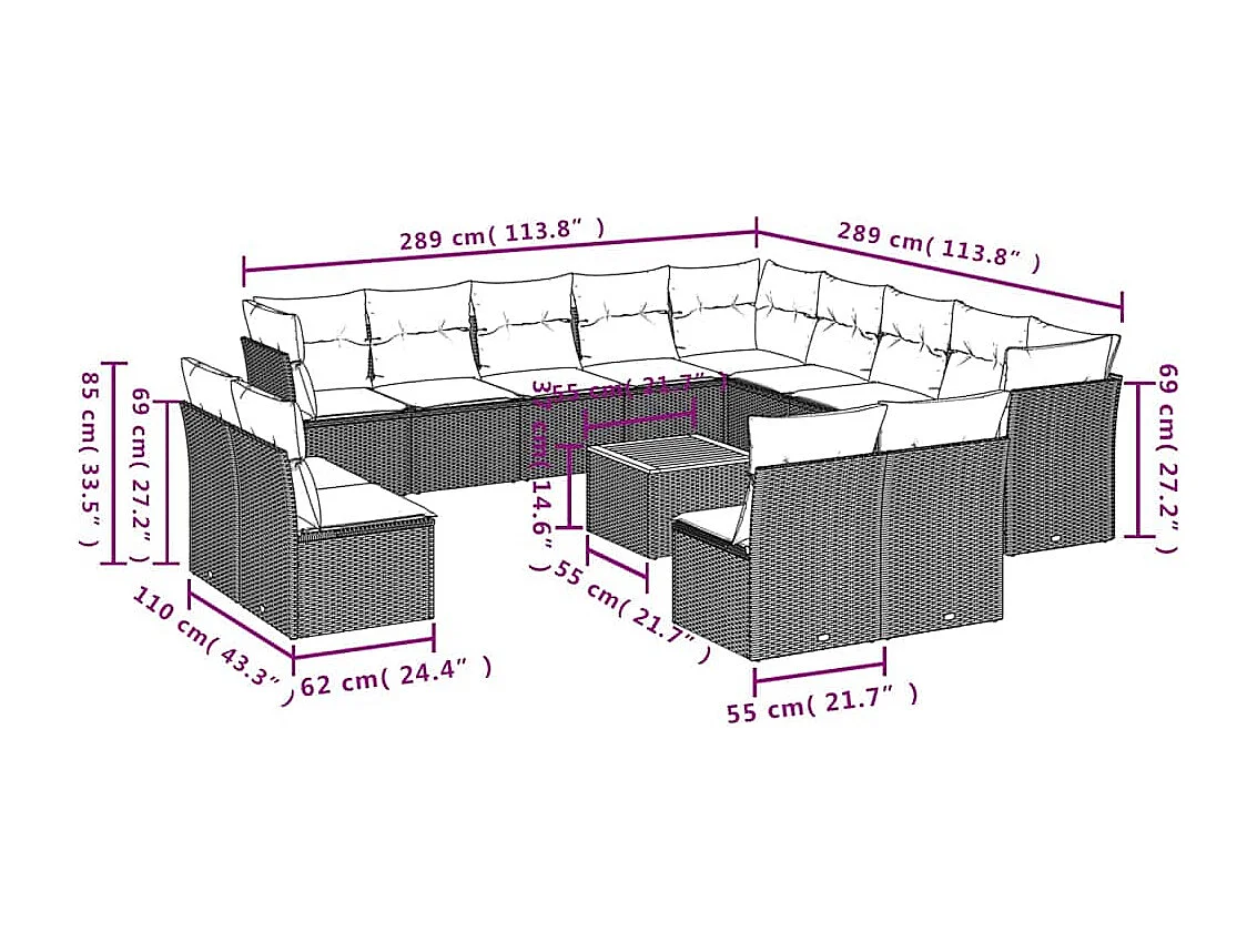 Salon de jardin avec coussins 14 pcs gris résine tressée
