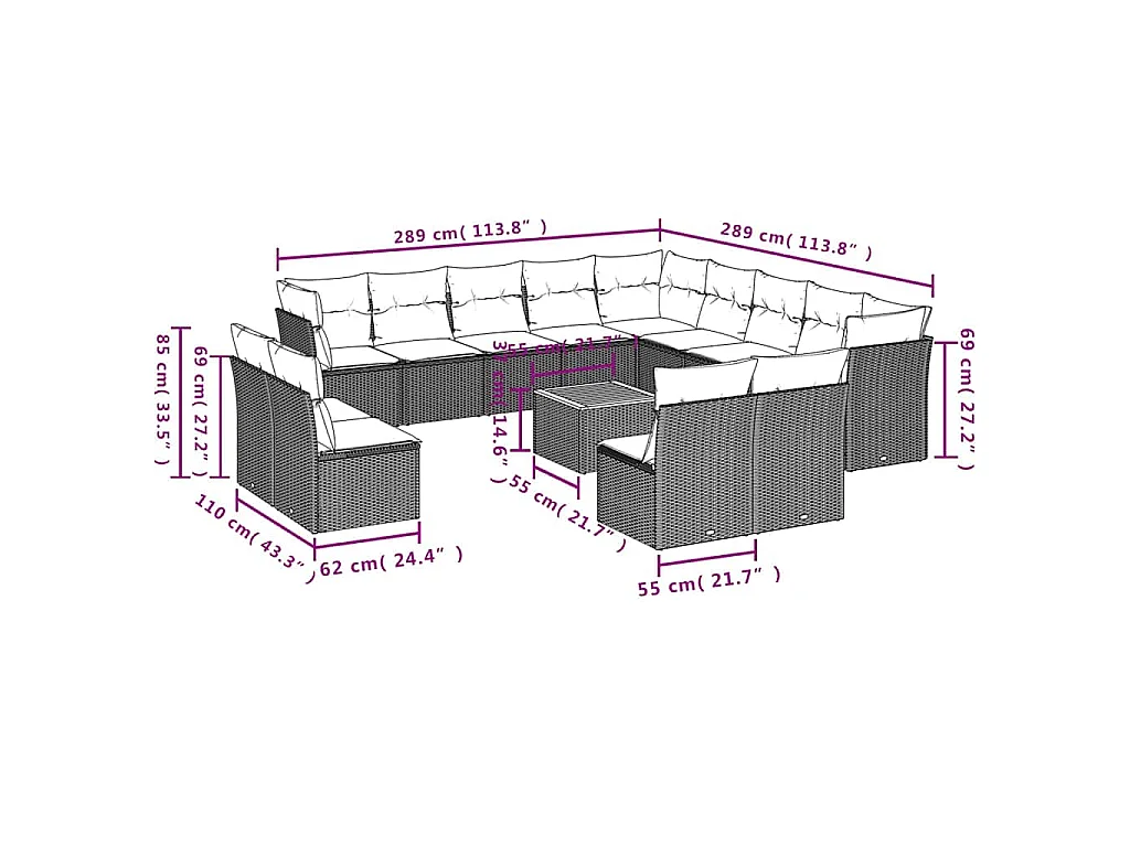 Salon de jardin avec coussins 14 pcs gris résine tressée
