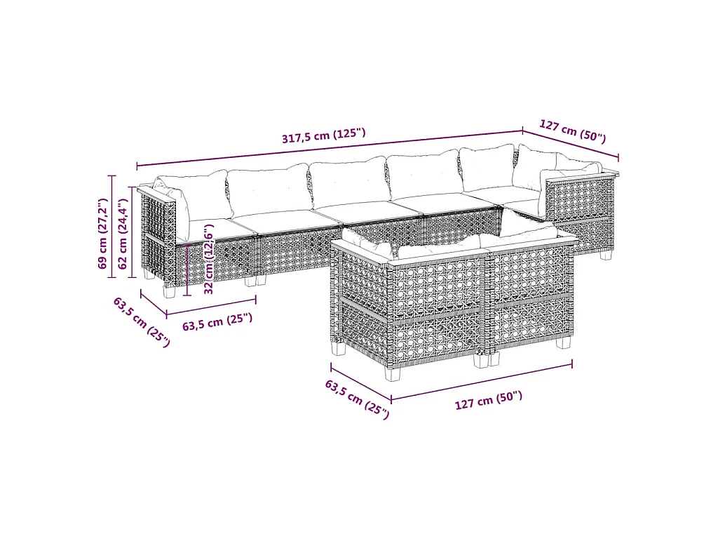 8-delige Loungeset met kussens poly rattan beige
