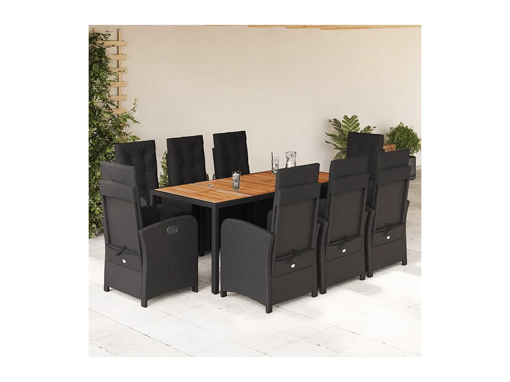 Ensemble à manger de jardin 9pcs coussins noir résine tressée