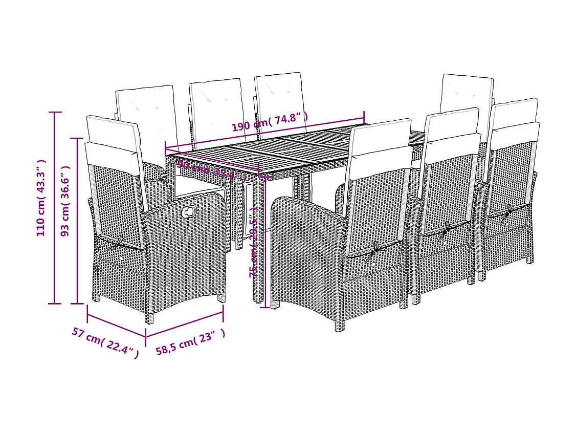 Ensemble à manger de jardin 9pcs coussins noir résine tressée