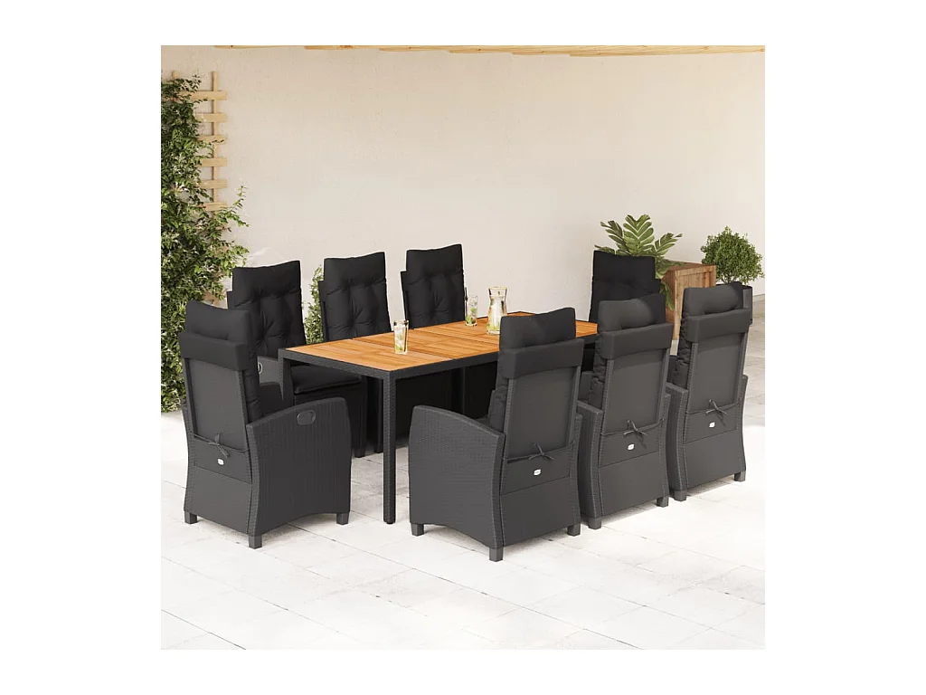 Ensemble à manger de jardin 9pcs coussins noir résine tressée