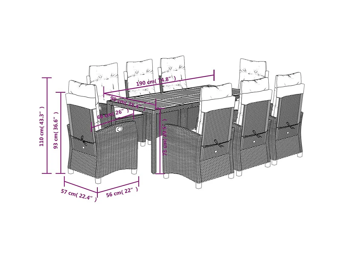 Ensemble à manger de jardin 9pcs coussins noir résine tressée