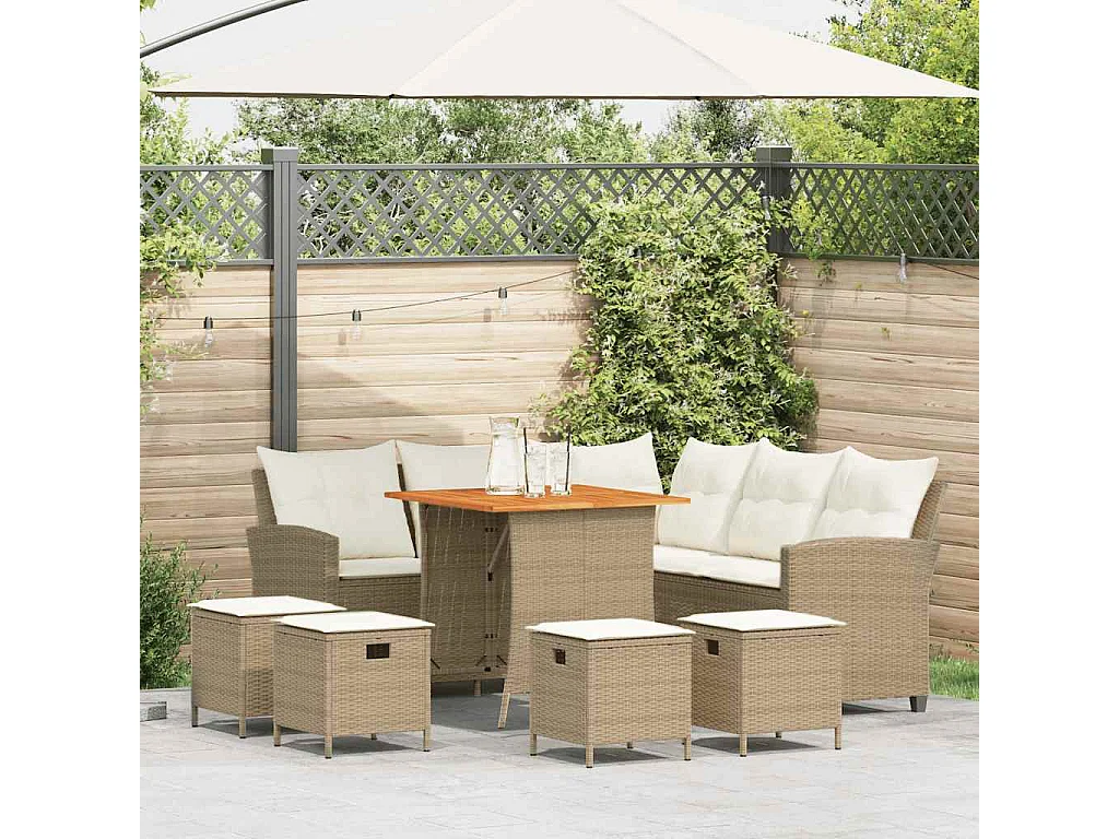 Conjunto de Sofás de Jardim em L com Almofadas - 6 Peças em Vime PE Bege