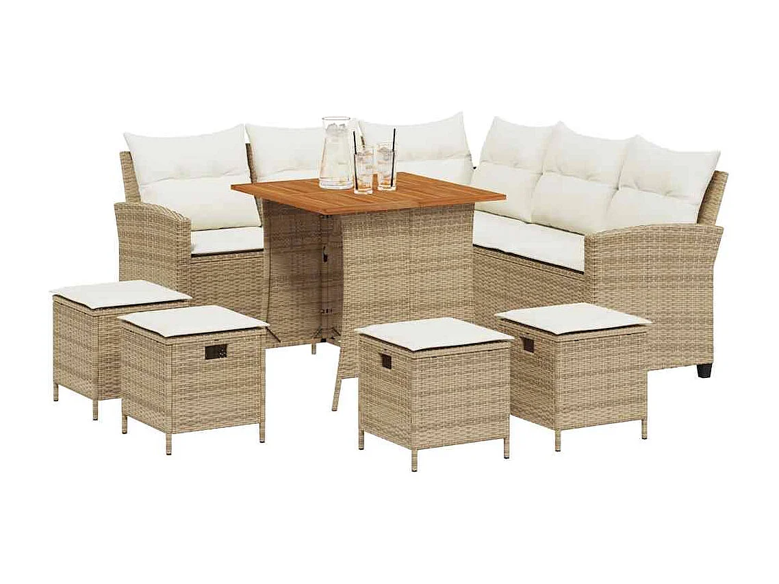 Conjunto de Sofás de Jardim em L com Almofadas - 6 Peças em Vime PE Bege