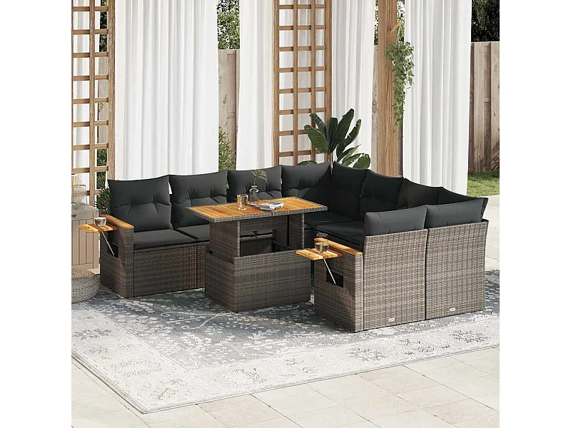 Salon de jardin avec coussins 9 pcs gris résine tressée acacia