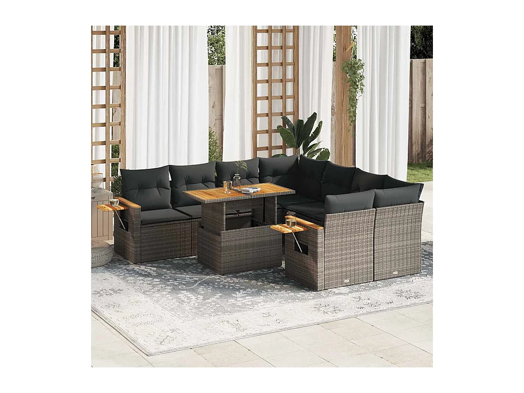 Salon de jardin avec coussins 9 pcs gris résine tressée acacia