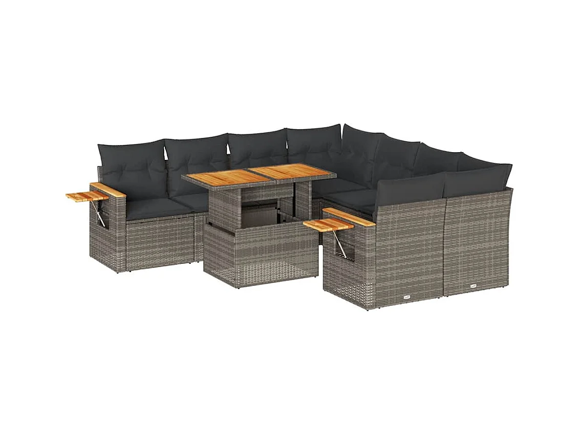 Salon de jardin avec coussins 9 pcs gris résine tressée acacia