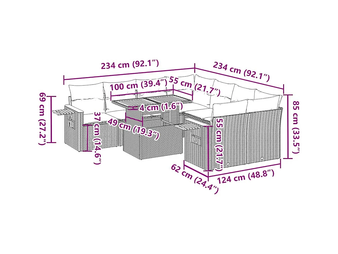 Salon de jardin avec coussins 9 pcs gris résine tressée acacia
