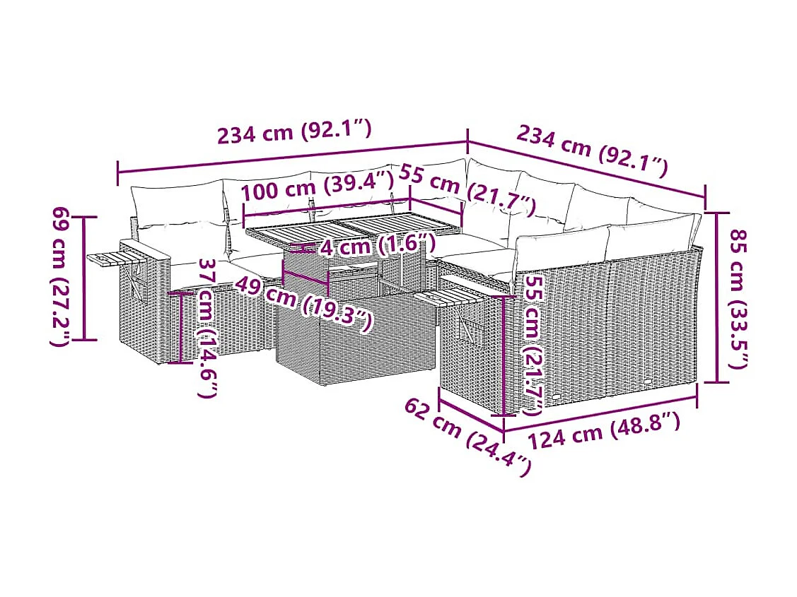 Salon de jardin avec coussins 9 pcs gris résine tressée acacia