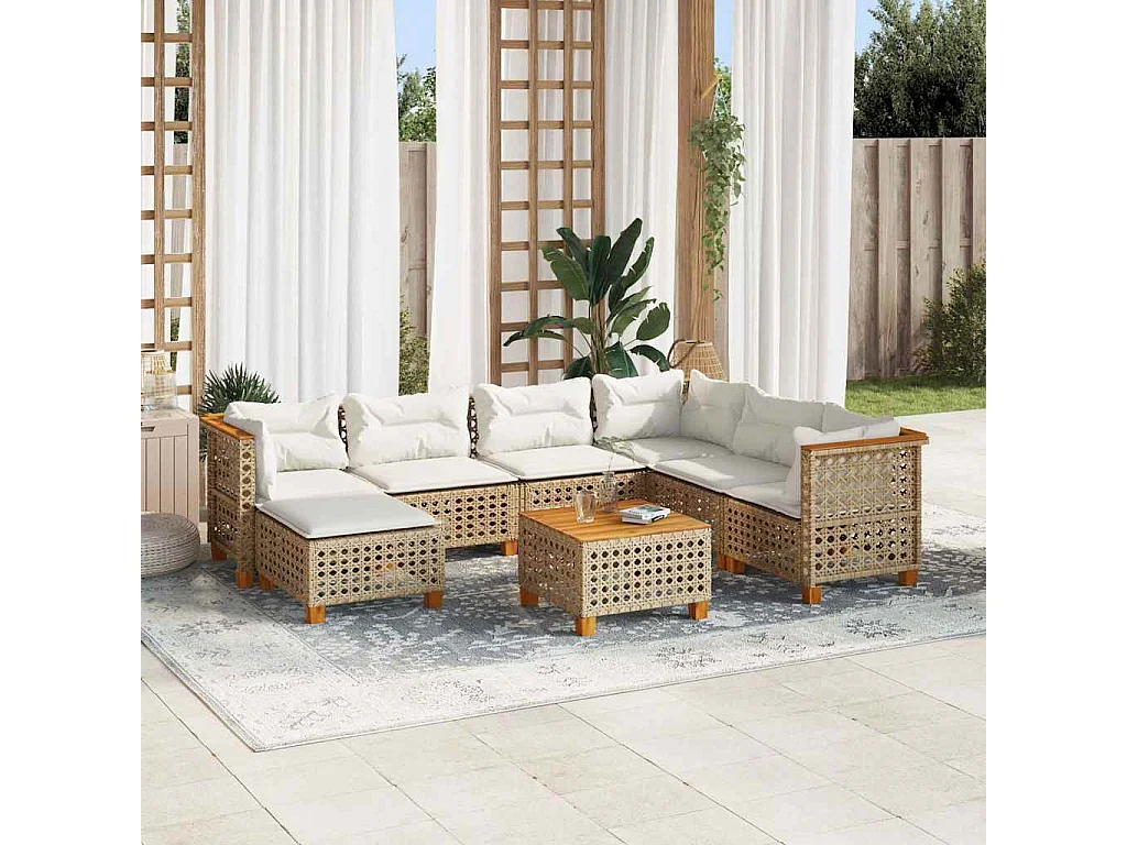 8-delige Loungeset met kussens poly rattan beige