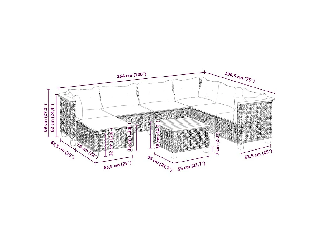 8-delige Loungeset met kussens poly rattan beige