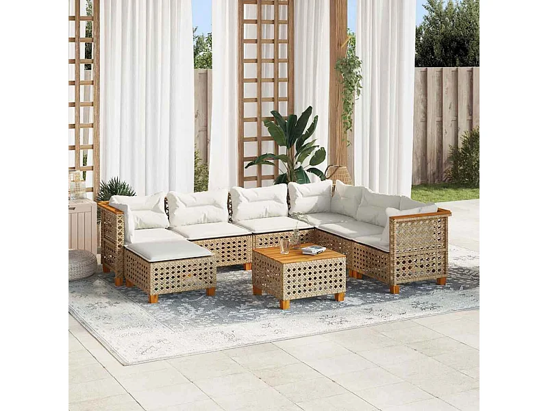 Salon de jardin avec coussins 8 pcs beige résine tressée