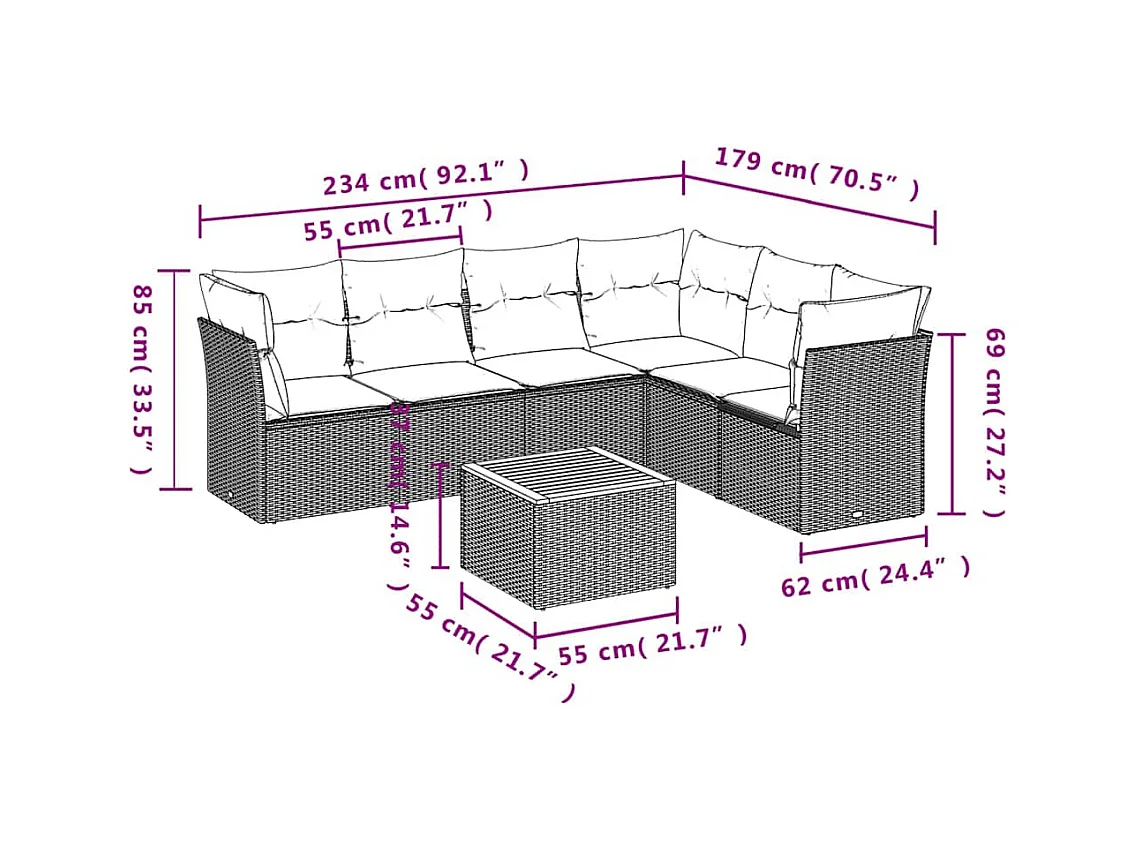 Set Divani da Giardino 7 pz con Cuscini Grigio in Polyrattan