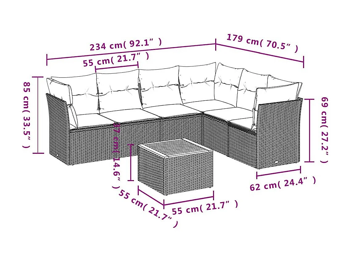 Set Divani da Giardino 7 pz con Cuscini Grigio in Polyrattan