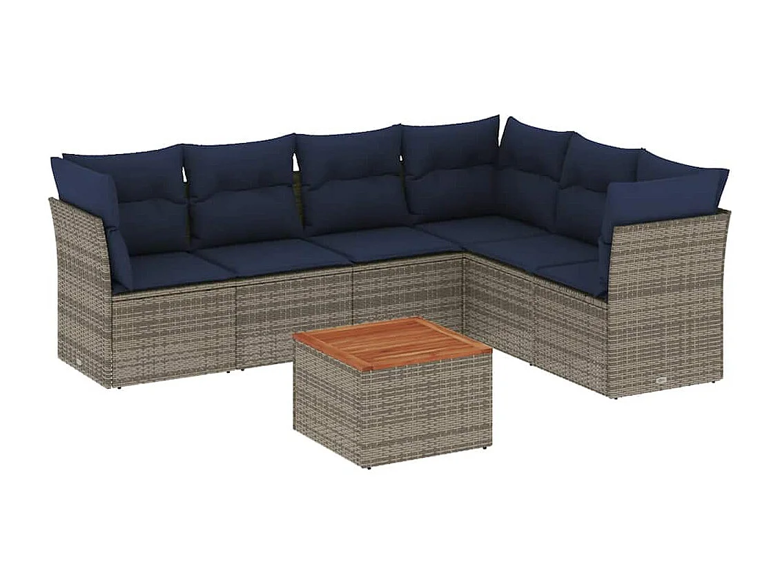 Salon de jardin 7 pcs avec coussins gris résine tressée