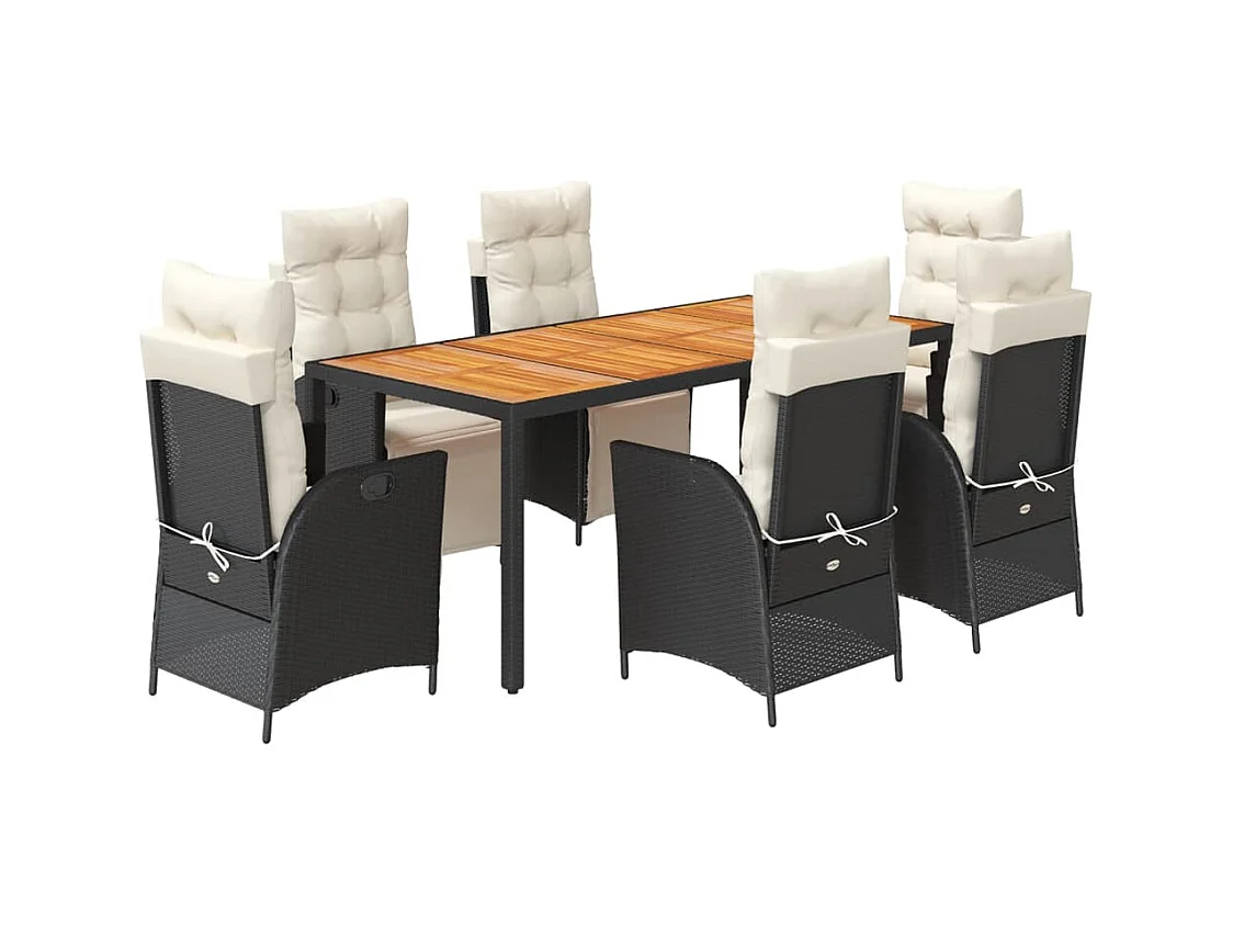 Ensemble à manger de jardin coussins 7pcs Noir Résine tressée