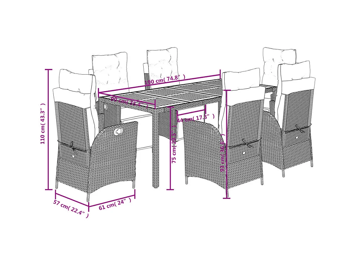 Ensemble à manger de jardin coussins 7pcs Noir Résine tressée