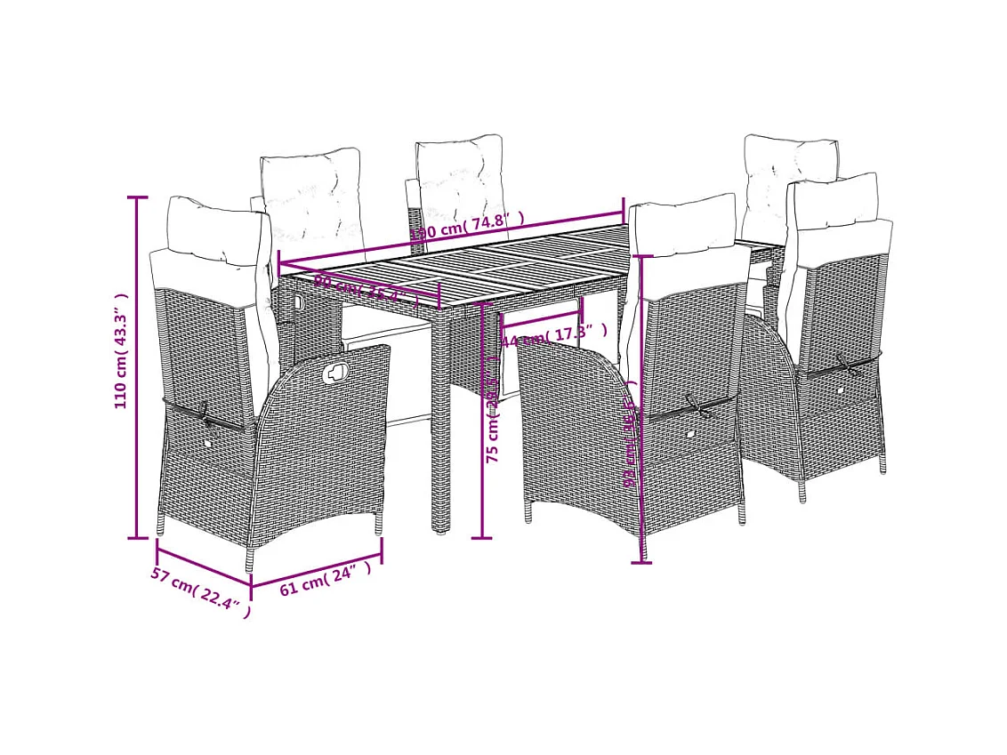 Ensemble à manger de jardin coussins 7pcs Noir Résine tressée